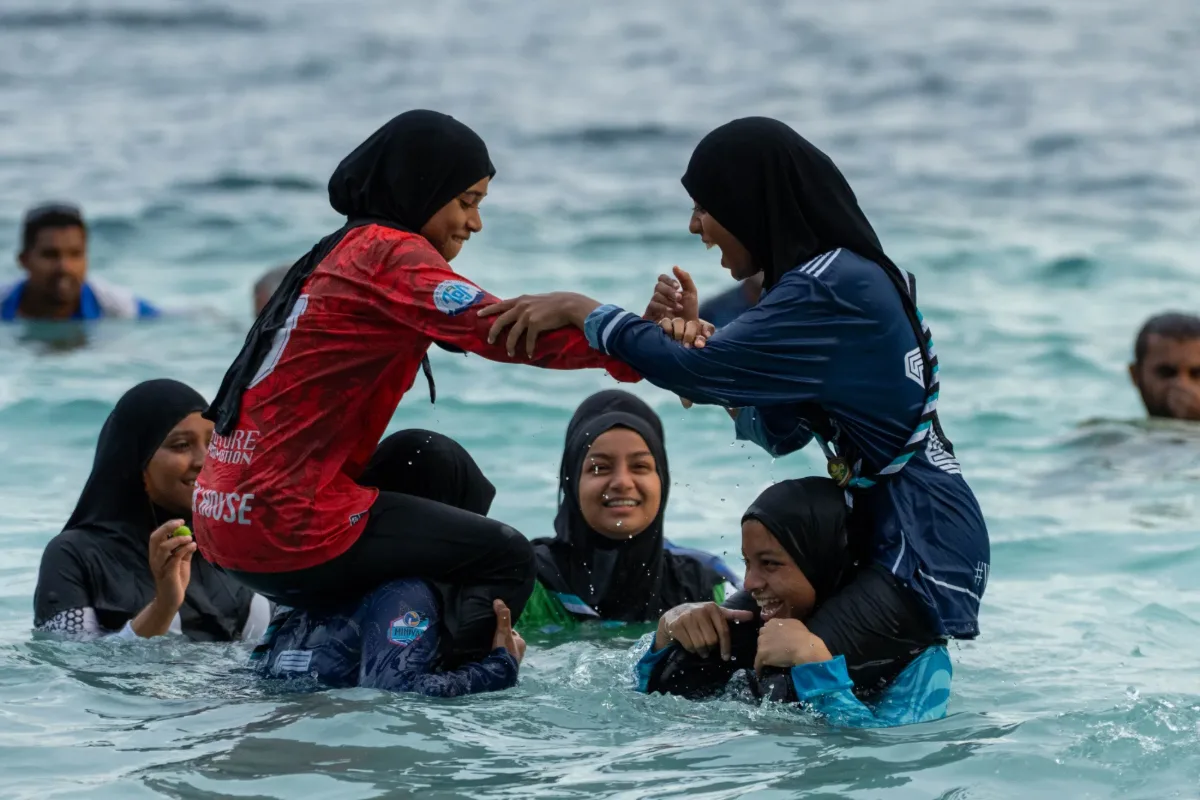 Scouts enjoying water activities at the beach in V. Felidhoo